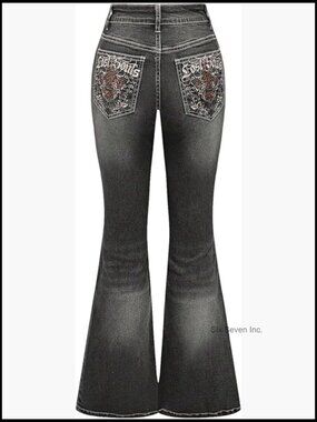 High Waist Bell Bottom Jeans with Embroidered Details Stretchy Denim Pants Y2K